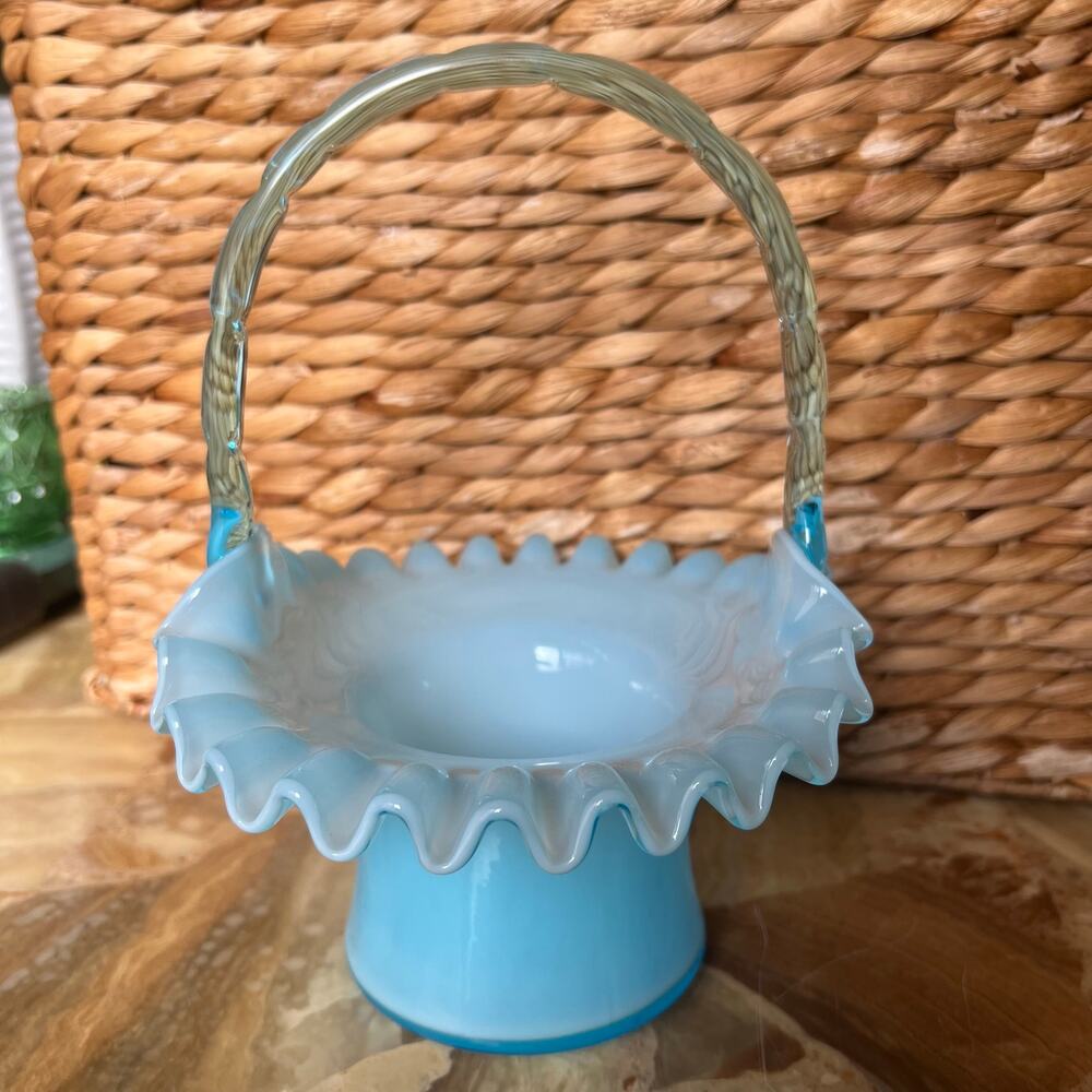 Fenton Ruffled Handled Blue Basket - Picture 2 of 7